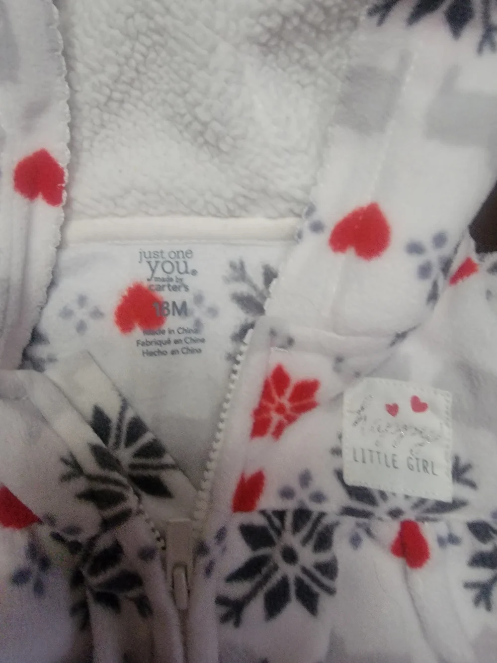 Carter's White Fleece Hooded Footed One-Piece with Red and Gray Snowflake Print